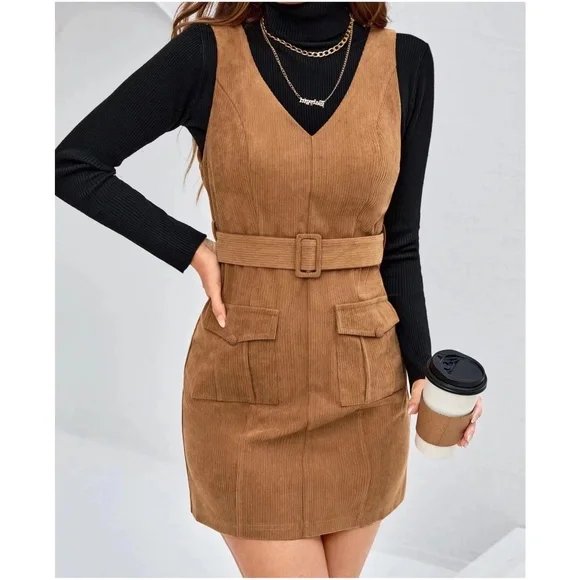 Minimalist Zipper Pocket Corduroy Dress - Picture 1 of 3